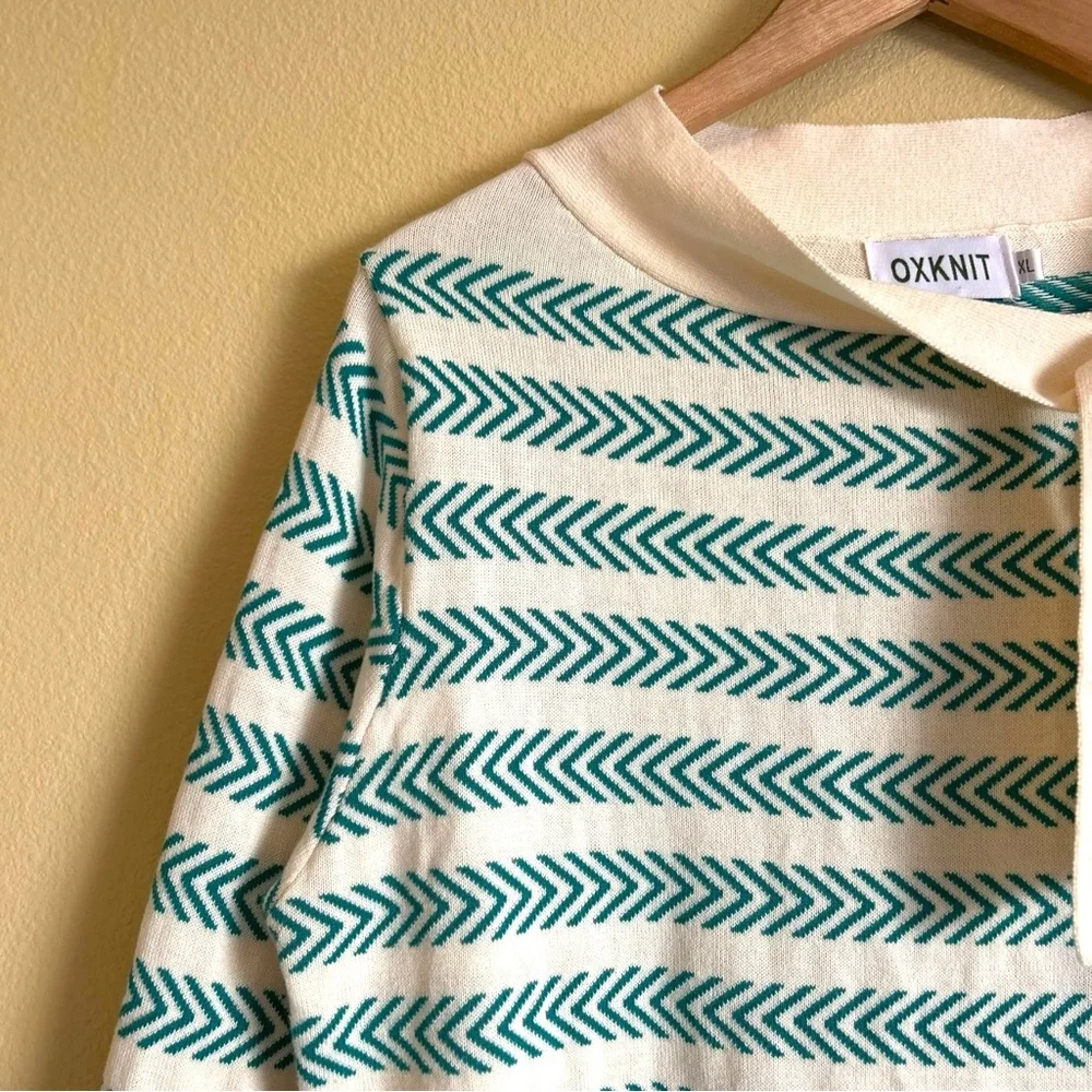 Oxknit Sweater Women’s XL 60s Retro Geo Mod Style Cotton Long Sleeve Teal Cream - Picture 4 of 16